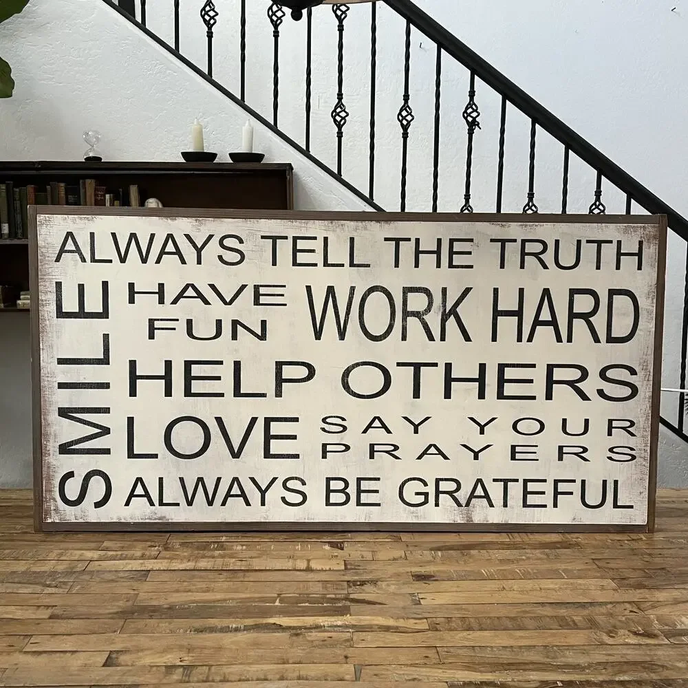 Family Rules & Values Wall Hanging Sign Farmhouse Decor Rustic Black Letters